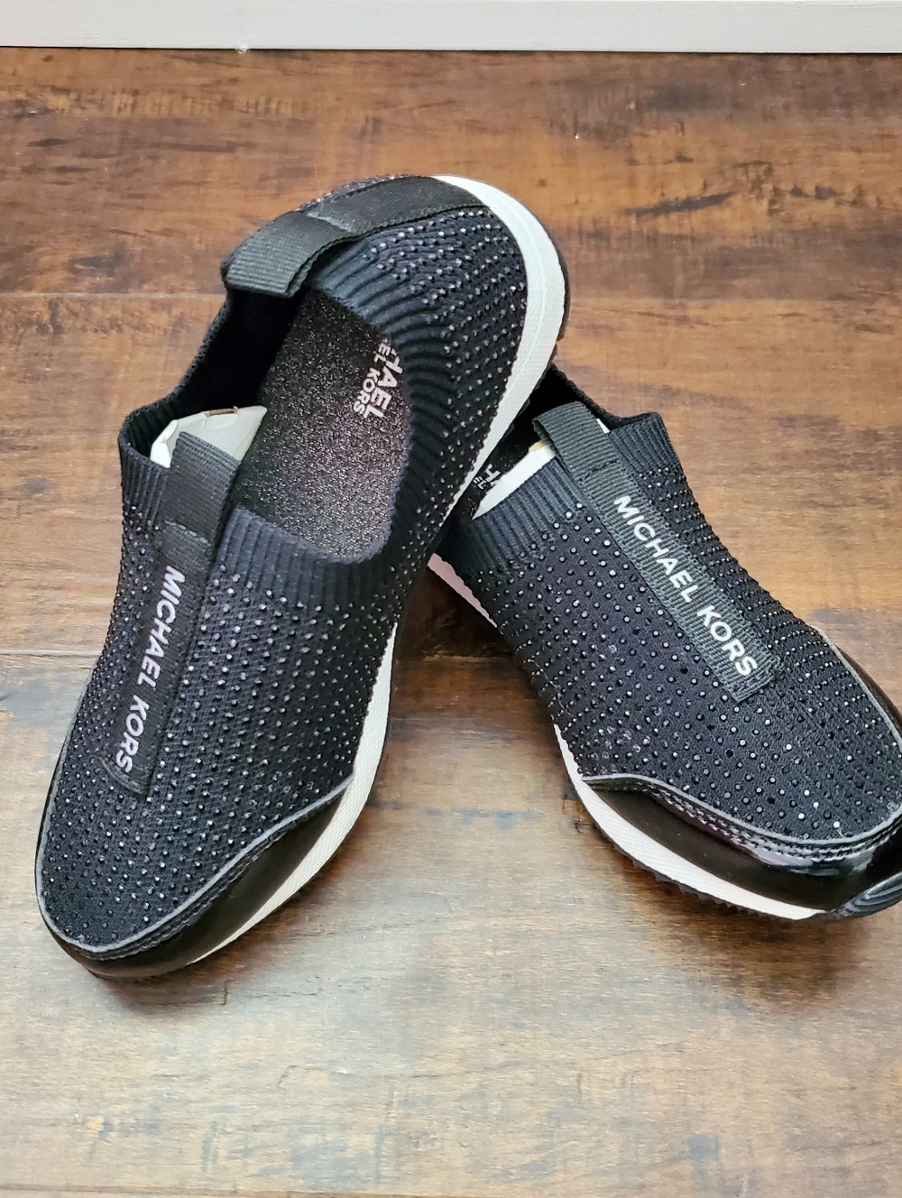 Michael Kors Kids Allie Sock Knit Slip-On Sneakers Black Crystal Accents Sz 1